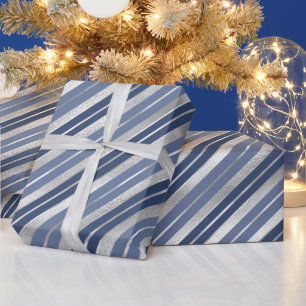 Holiday Blue and Silver Foil Christmas Stripes Wrapping Paper