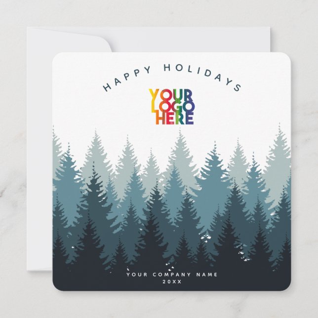 Holiday Blue Forest Business Logo Christmas Card (Front)