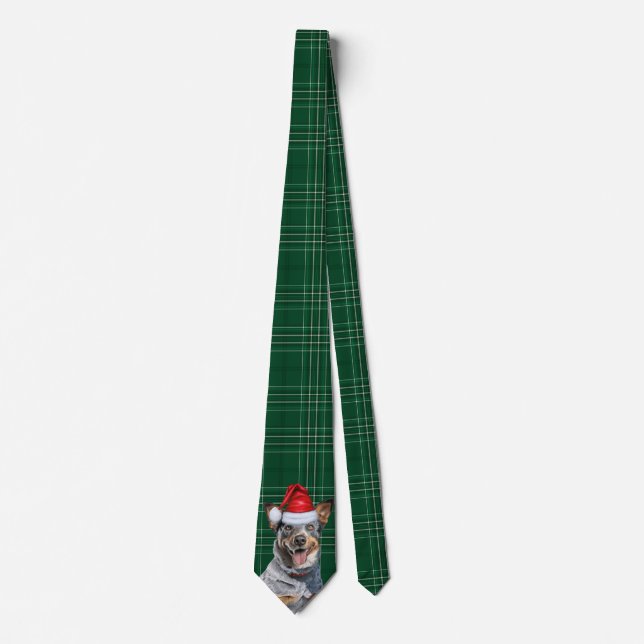 Holiday Blue Heeler Dog Green Plaid Christmas Tie (Front)