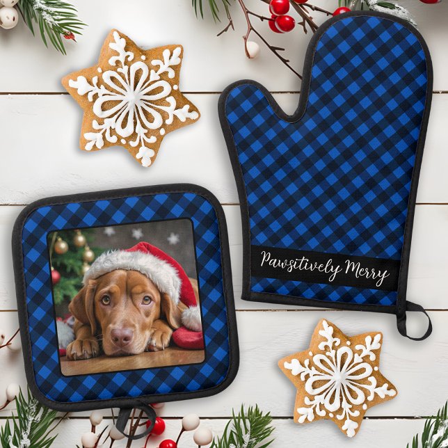 Holiday Blue Plaid Pet Dog Personalized Photo Oven Mitt & Pot Holder Set (Creator Uploaded)