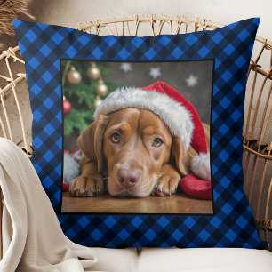Holiday Blue Plaid Pet Dog Personalized Photo Throw Pillow