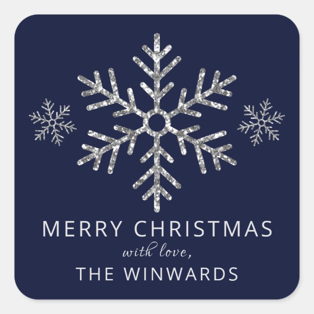 Holiday Blue & Silver Glitter Christmas Snowflake Square Sticker (Front)