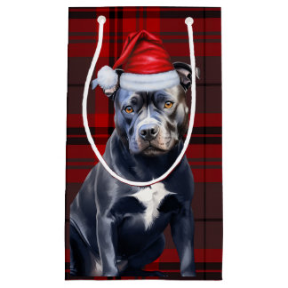 Holiday Bluenose Pitbull Dog Red Plaid Christmas Small Gift Bag