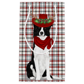Holiday Border Collie and Western Plaid Christmas Small Gift Bag
