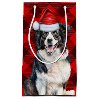 Holiday Border Collie Red Buffalo Plaid Christmas Small Gift Bag