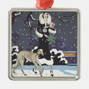 Holiday Borzoi Lady In Snow Metal Ornament