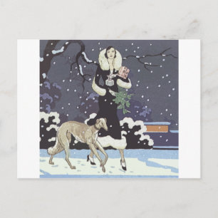 Holiday Borzoi Lady In Snow Postcard