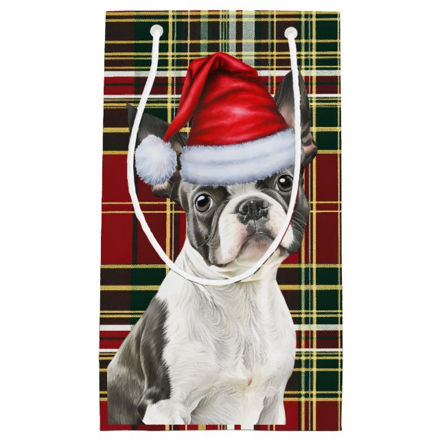 Holiday Boston Terrier Dog Festive Plaid Christmas Small Gift Bag (Front)