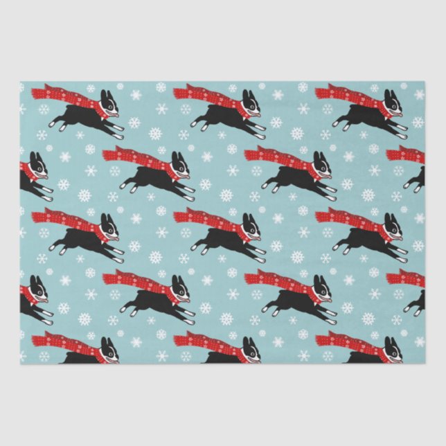 Holiday Boston Terrier with Snowflakes Christmas Tissue Paper (Front)