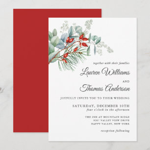 Holiday Botanical Greenery and Berries Wedding Invitation