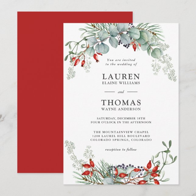 Holiday Botanical Greenery and Berries Wedding Invitation (Front/Back)