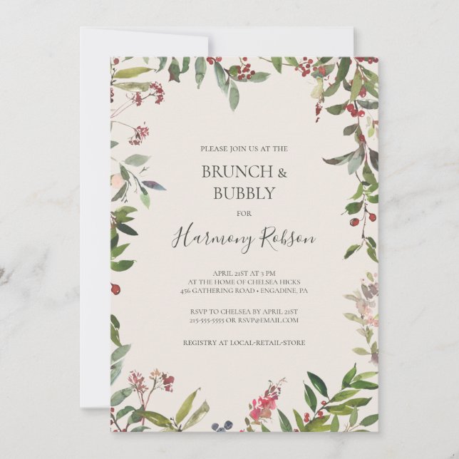 Holiday Botanical Ivory Brunch and Bubbly Shower Invitation (Front)