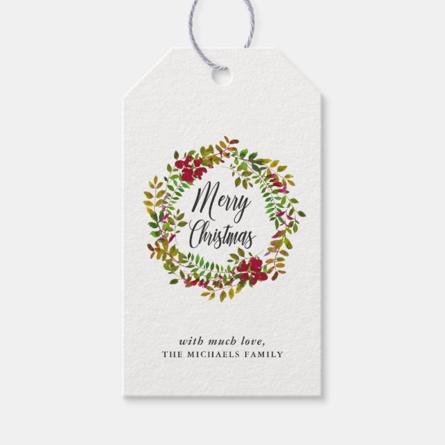 Holiday Botanical Merry Christmas Wreath Gift Tag (Front)