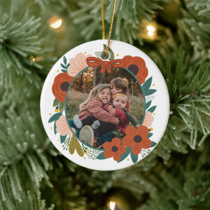 Holiday Botanical Red Flowers Wreath Christmas Ceramic Ornament