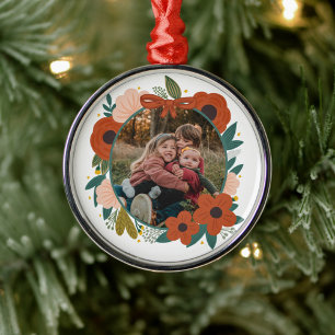 Holiday Botanical Red Flowers Wreath Christmas Fam Metal Ornament