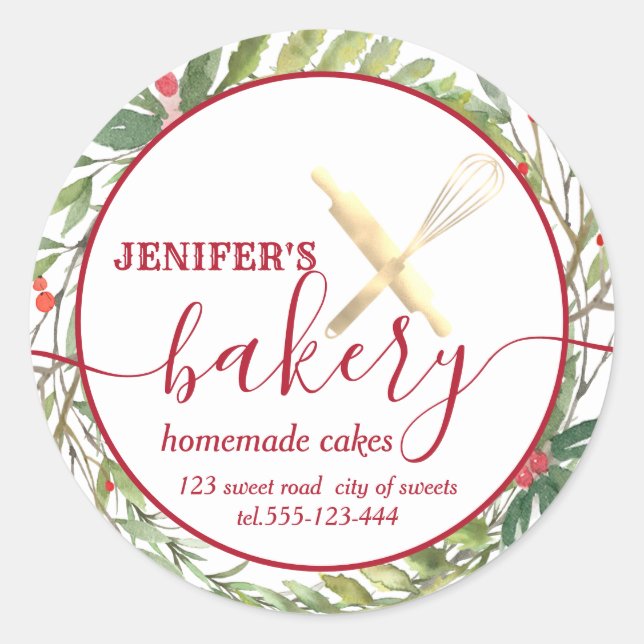 Holiday botanical rolling pin & whisk chef bakery  classic round sticker (Front)