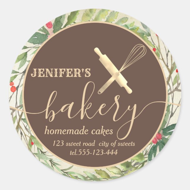 Holiday botanical rolling pin & whisk chef bakery  classic round sticker (Front)