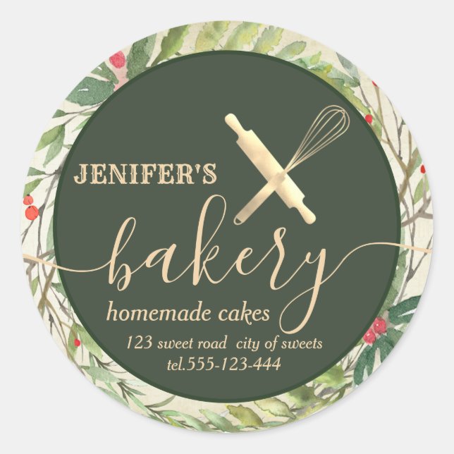 Holiday botanical rolling pin & whisk chef bakery  classic round sticker (Front)