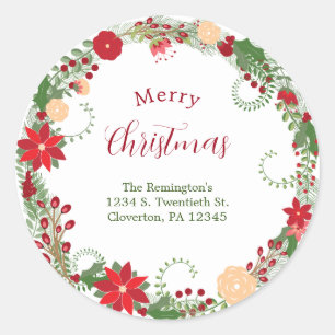 Holiday Botanical Wreath Merry Christmas Address Classic Round Sticker