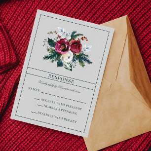 Holiday Bouquet Burgundy Pine Evergreen RSVP Card