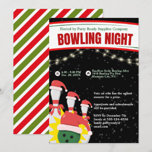 Holiday Bowling Night Santa Hats Black Background Invitation