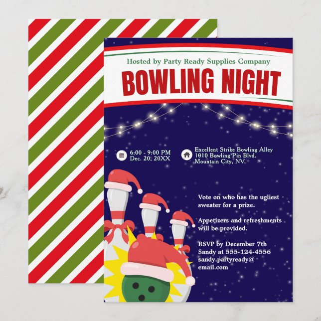 Holiday Bowling Night Santa Hats Blue Background Invitation (Front/Back)