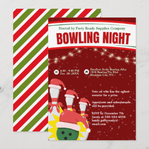 Holiday Bowling Night Santa Hats Red Background Invitation