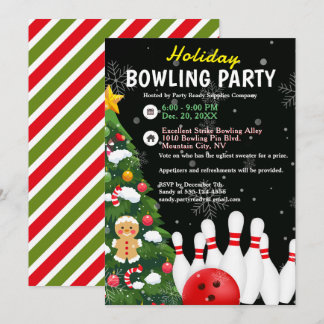 Holiday Bowling Party Xmas Tree Black Background Invitation
