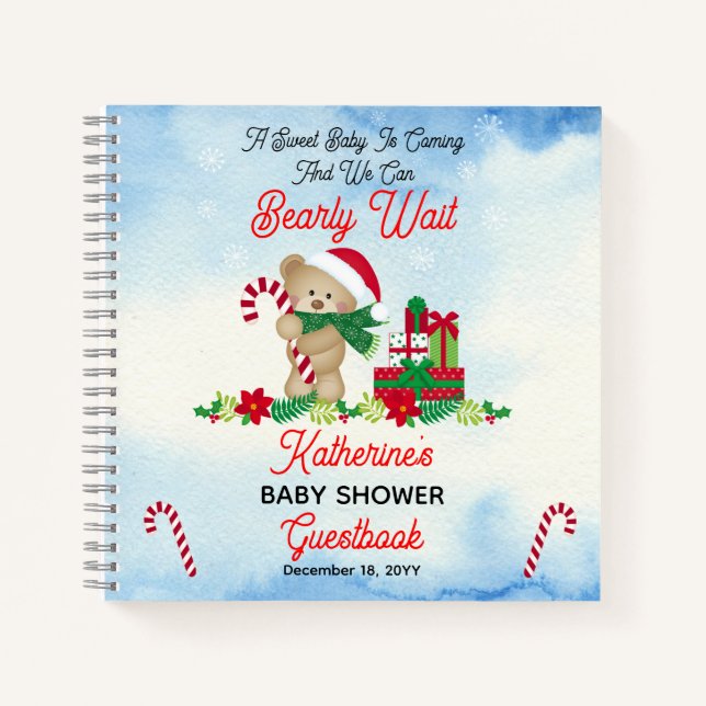Holiday Boy Bear Bearly Wait Baby Shower Guestbook Notebook (Front)