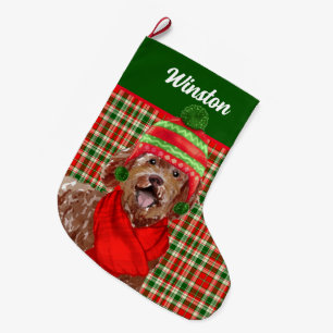 Holiday Brown Labradoodle Plaid and Dog's Name Large Christmas Stocking