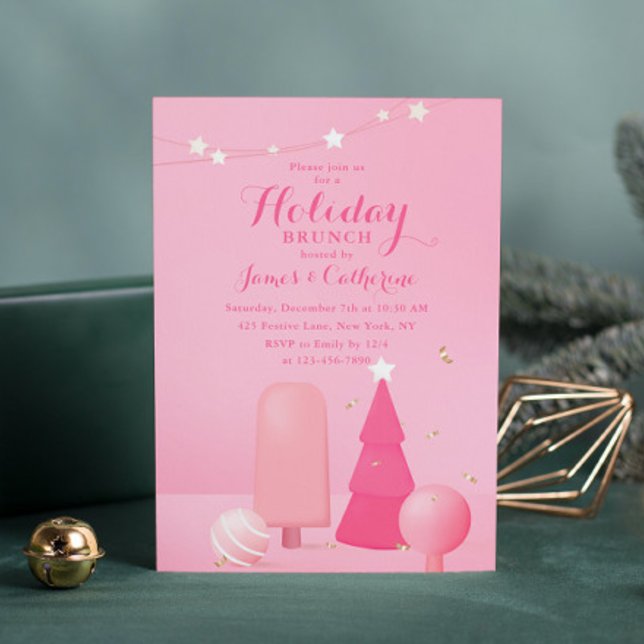 Holiday Brunch Christmas Brunch Pink Modern Party Invitation (Creator Uploaded)