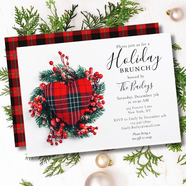 Holiday Brunch | Christmas Brunch Red Tartan Heart Invitation (Creator Uploaded)