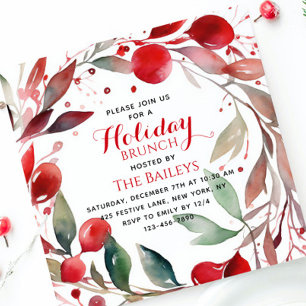 Holiday Brunch Elegant Christmas Red Floral Wreath Invitation
