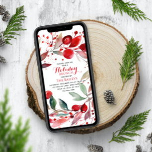 Holiday Brunch Elegant Christmas Red Floral Wreath Invitation