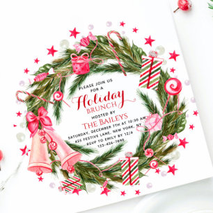 Holiday Brunch Pink Green Christmas Wreath Invitation