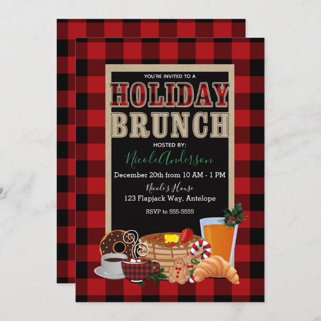 Holiday Brunch Rustic Red Black Buffalo Plaid Invitation (Front/Back)