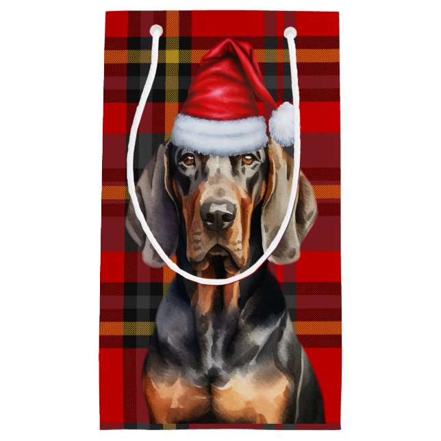 Holiday BT Coonhound Dog and Plaid Christmas Small Gift Bag (Front)