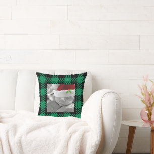 Holiday Buffalo Plaid Keepsake Photo Green Black Throw Pillow