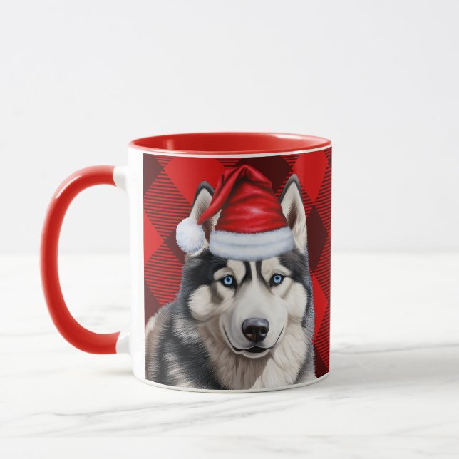 Holiday Buffalo Plaid Siberian Husky Dog Christmas Mug (Left)