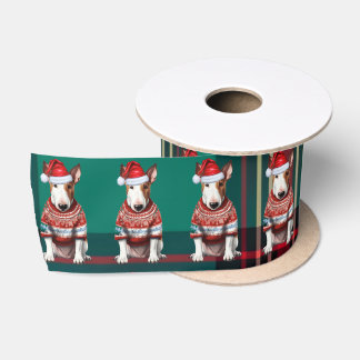 Holiday Bull Terrier Dog Red and Green Plaid Satin Ribbon