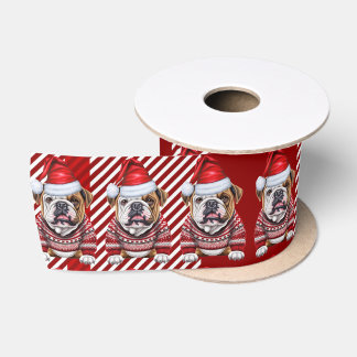 Holiday Bulldog on Red and White Plaid Satin Ribbon