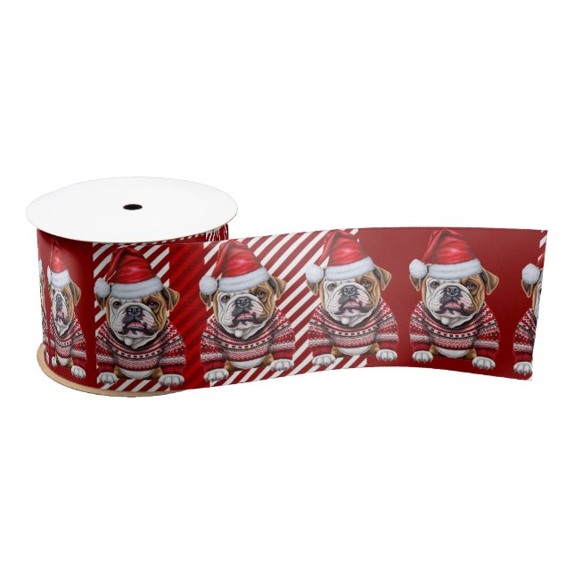 Holiday Bulldog on Red and White Plaid Satin Ribbon (Spool)