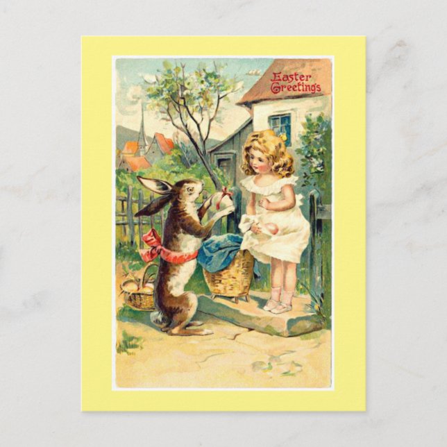 Holiday Bunny & Girl Vintage Easter Postcard (Front)