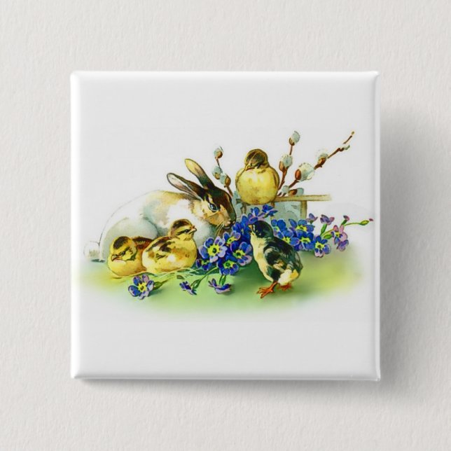 Holiday Bunny & Spring Chicks Easter Badge 2 Inch Square Button (Front)