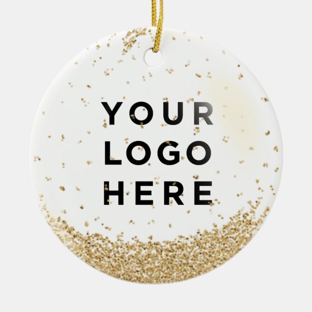 Holiday Business Logo Gold Glitter Snowfall Ceramic Ornament (Front)