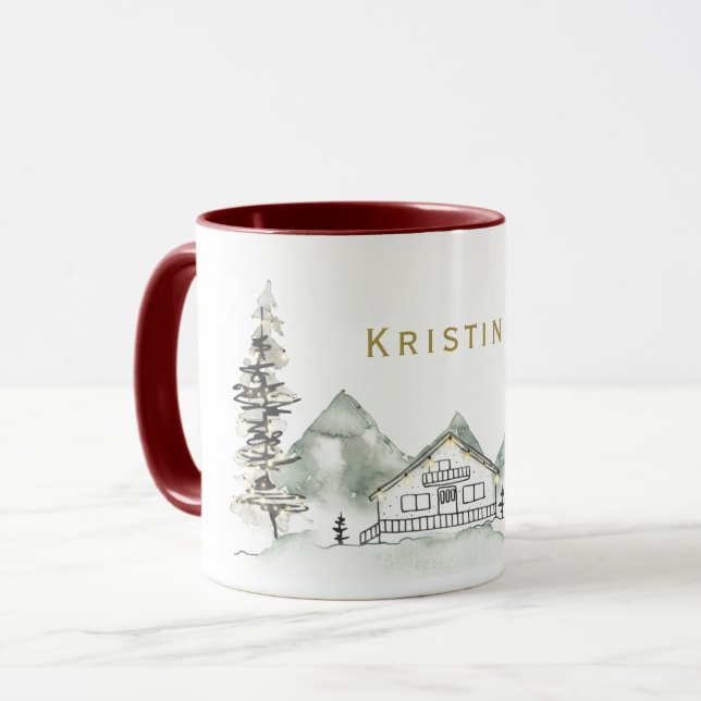 Holiday Cabin and Pine Tree with Name Mug (Front Left)