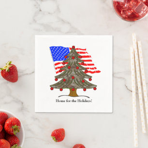 Holiday Camouflage Tree with USA Flag Christmas Napkin