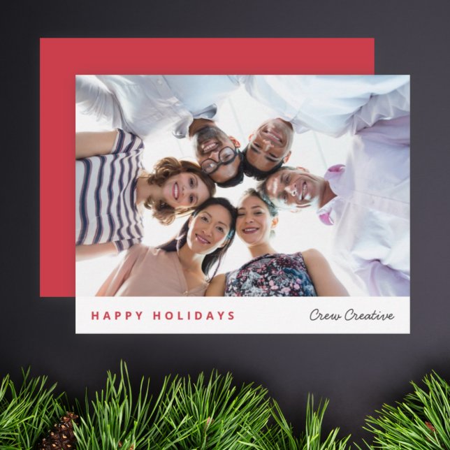 Holiday Card | Business Christmas Corporate Team  (Corporate team photo card with handwritten company name and bright red festive background)