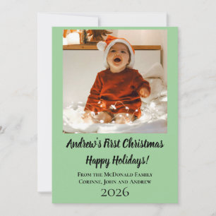 Holiday card minimal baby's first Christmas green