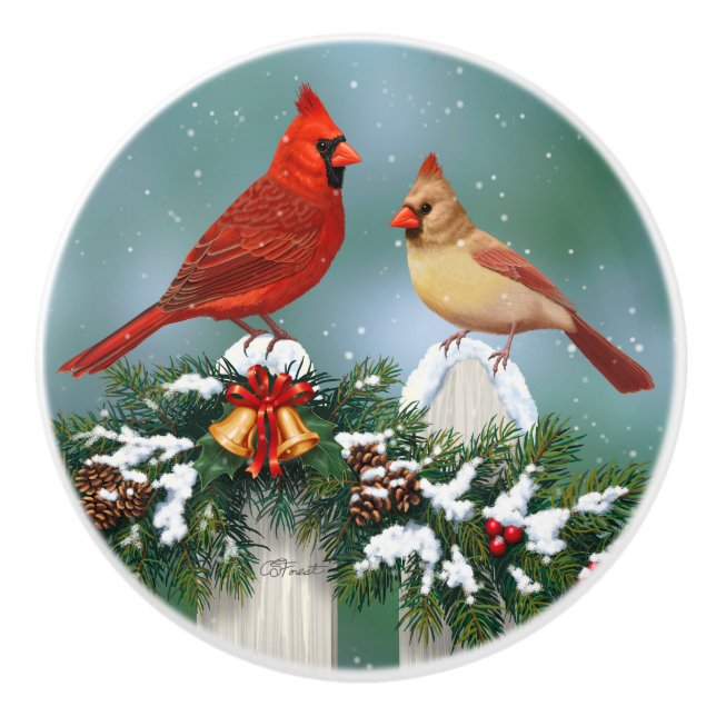 Holiday Cardinals & Christmas Garland Ceramic Knob (Front)